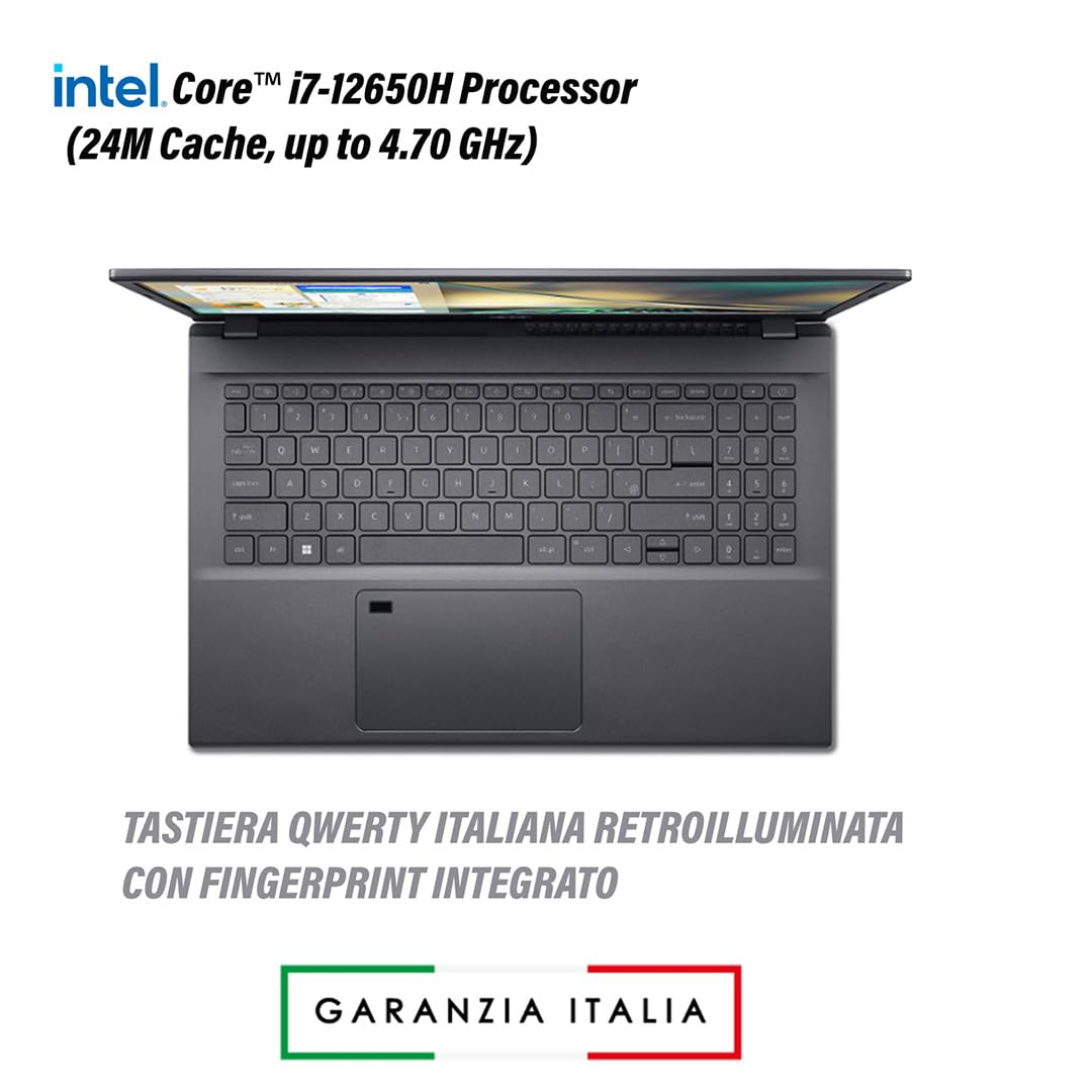 Acer Notebook, Intel Core i7 12650H, RAM 64 Gb, SSD PCIe NVMe 1Tb, 15.6" FullHD, Tastiera Retroilluminata, Fingerprint, Wi-Fi 6, LAN, HDMI, Win 11 - Pronto all'Uso