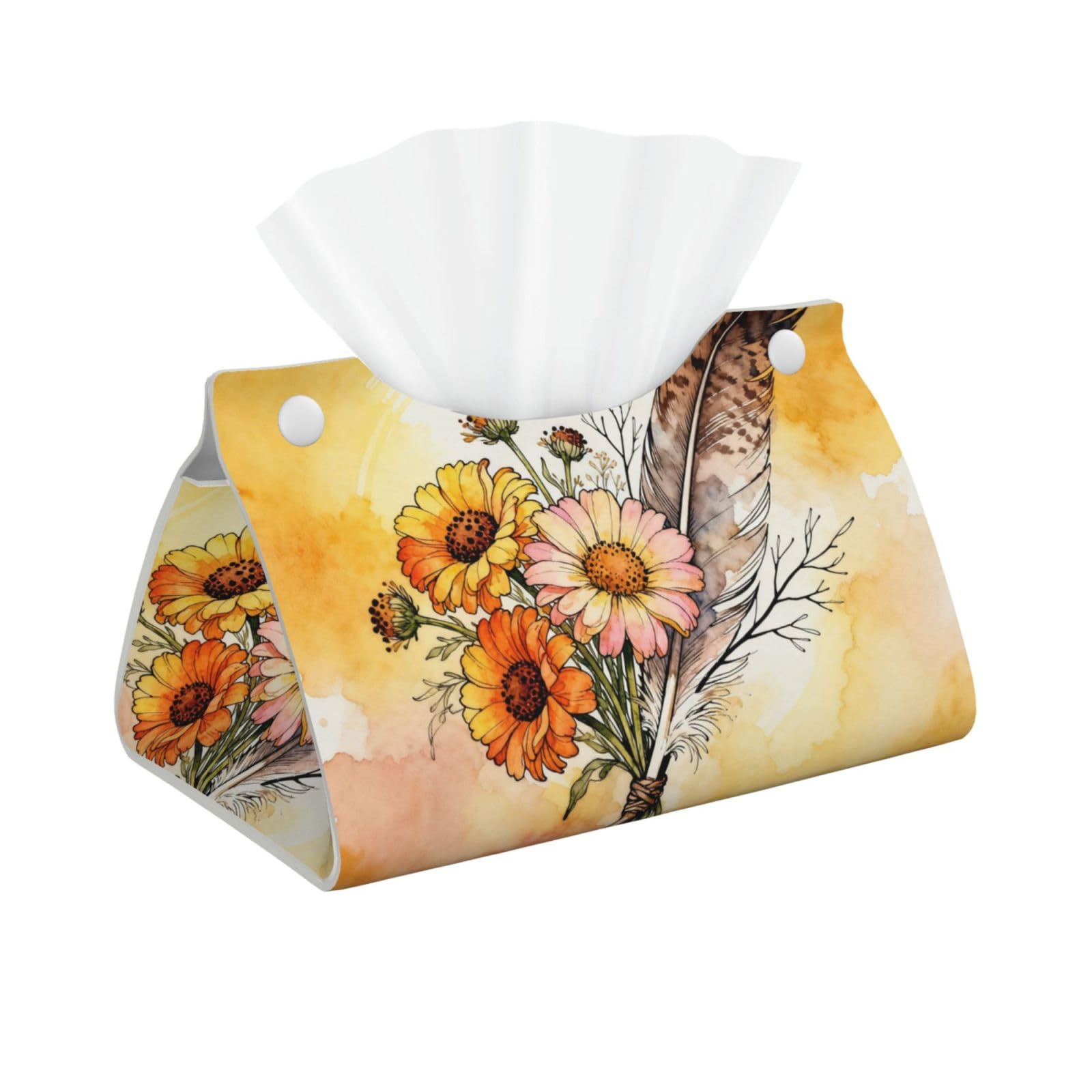 Flowers and Feathers Long Leather Tissue Box Cover-Waterproof PU Leather Tissue Holder for Bathroom, Decorative Rectangular Tissue Case