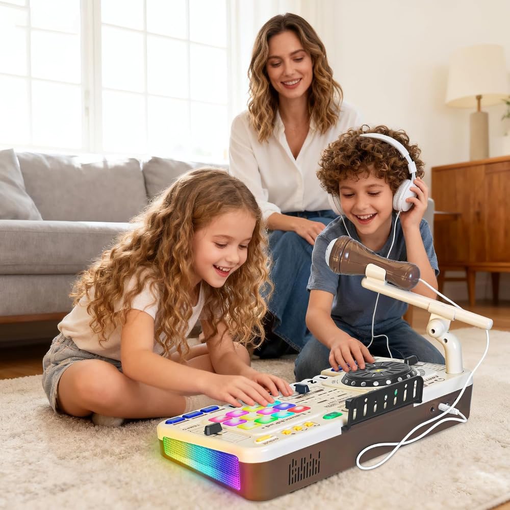 NEWFUN Mesa De Mezclas Dj para niños,Bluetooth Con Micrófono Ajustable, Teclado Con Iluminación Degradada, Alimentado Por Batería, Adecuado Como Regalo De Nivel Inicial Para Niños De 3 a 12 Años.