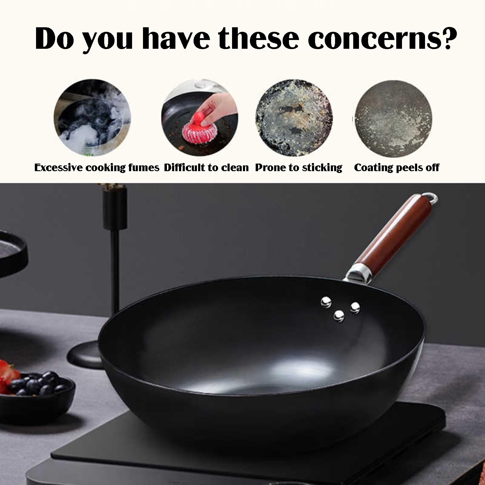 Generico Wok, In Ferro Con Coperchio In Vetro, A Fondo Piatto Pre-stagionato, Padella Antiaderente, Adatto A Tutti I Tipi Di Piani Cottura(32cm)