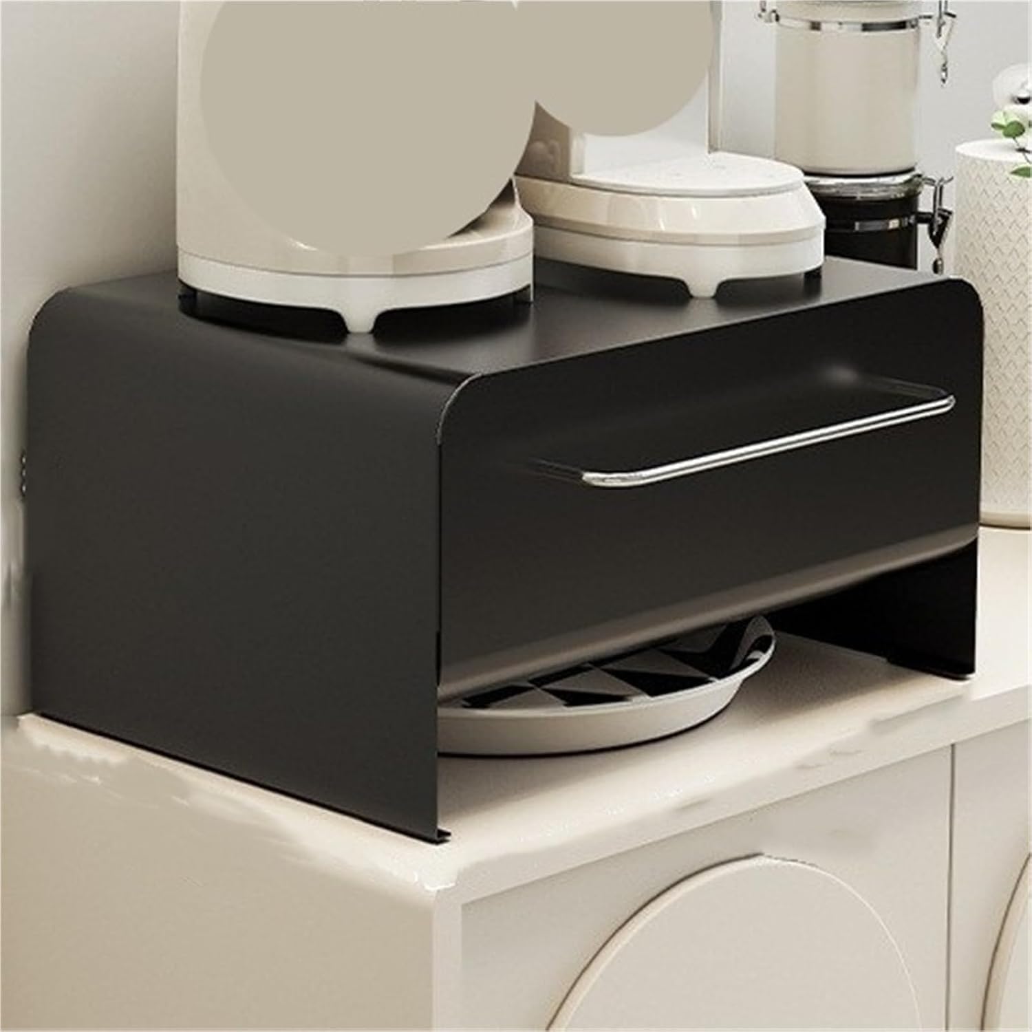 Scaffale portaoggetti a 2 Livelli con cassetti per Tazze, spezie e Altro, Organizer in Metallo per Cucina, Bagno e Soggiorno, Nero