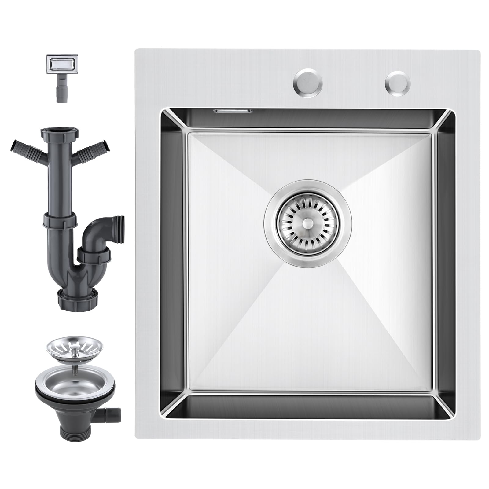 KEOKBON 40x45cm Drop in Kitchen Sink, Handmade 304 Stainless Steel Sink with 2 Tap Holes Overmount, for 50cm Base Cabinets,1 Bowl, Topmount