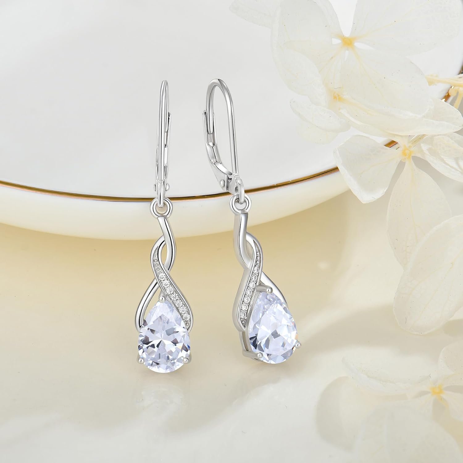 Leverback Earrings for Women Infinity Dangle Drop Earrings 925 Sterling Silver Cubic Zirconia Earrings Christmas Anniversary Jewelry for Her