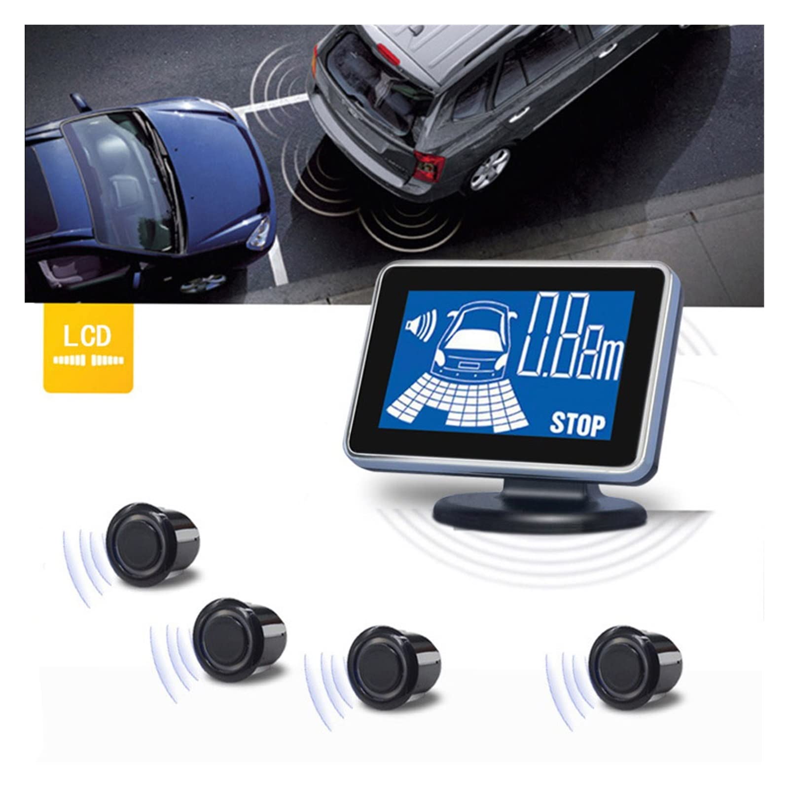 Kit Radar Secours Capteur Stationnement Voiture avec 4 Capteurs Parktron LCD Détecteur D'inversion Vocale Système D'alerte Sécurité Car Parking Sensors(Rouge)