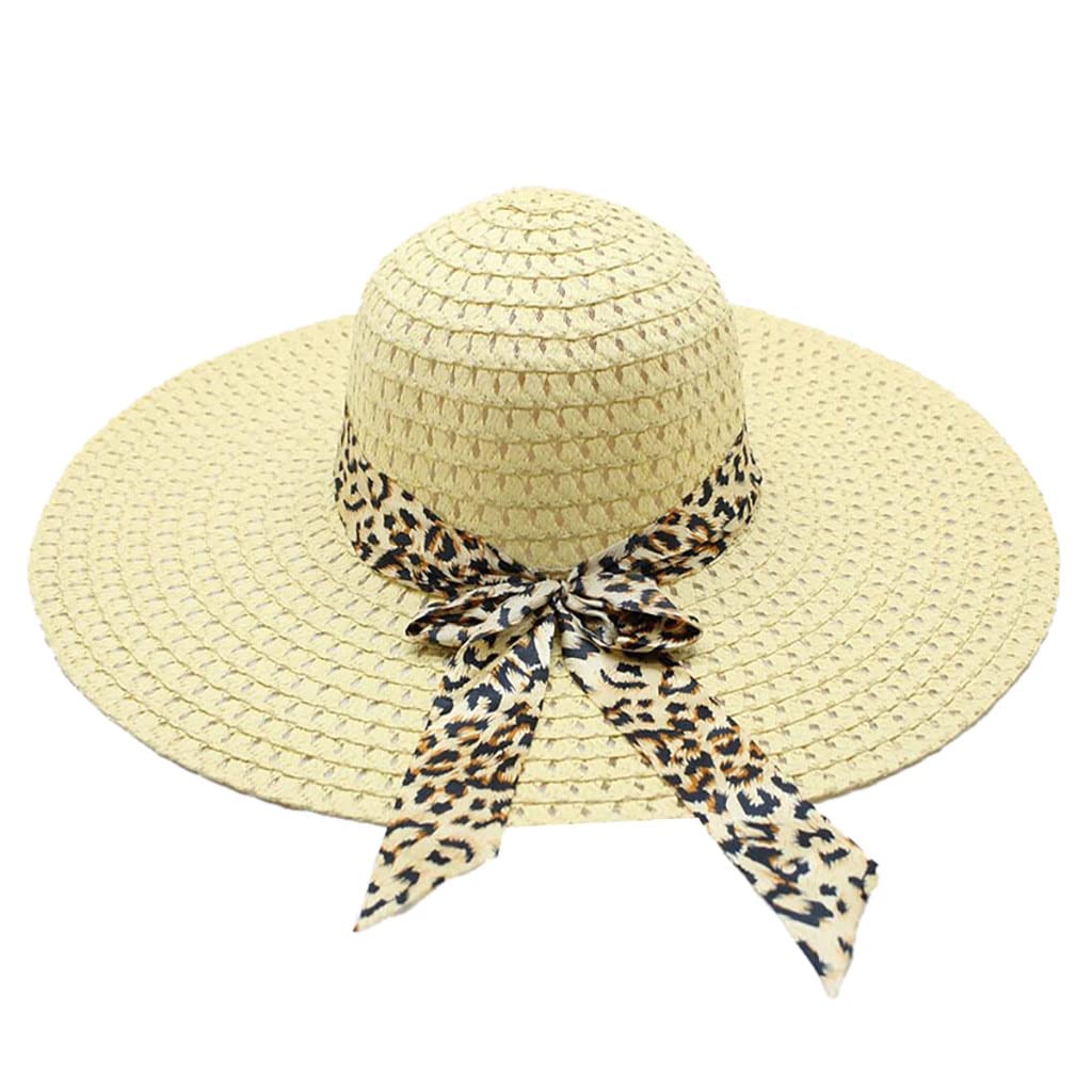 ASESHYPD Sun Hats Women Sun Hat Big Brim Straw Hat Sun Floppy Wide Brim Hats Leopard Ribbon Summer Beach Cap Sombrero (Color : Light Beige)