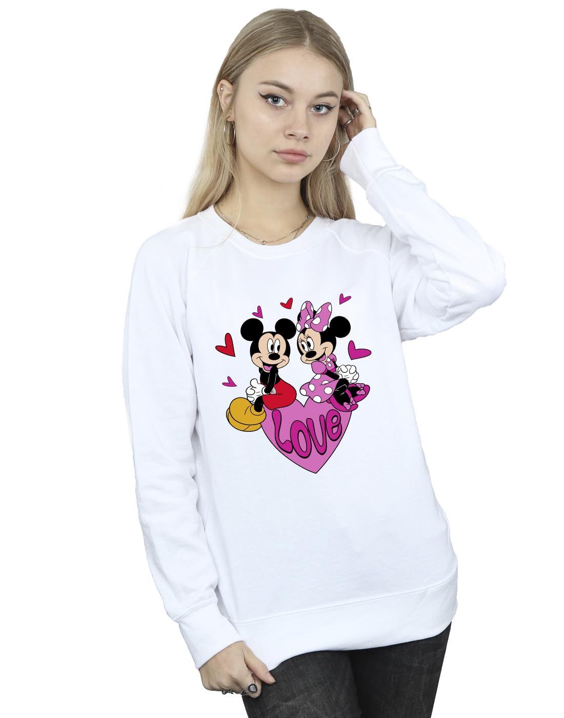 Absolute Cult Women's White Disney Mickey & Minnie Love Hearts Sweatshirt Large