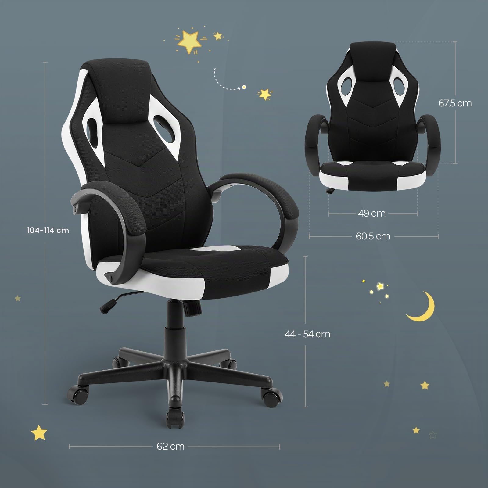 WOLTU Silla Gaming,Silla de Oficina Ergonómic,Blanco+Negro | con Tela Transpirable,Giratoria con Ruedas Silenciosas, con Reposacabezas y Apoyabrazos, Carga Máxima 150 kg