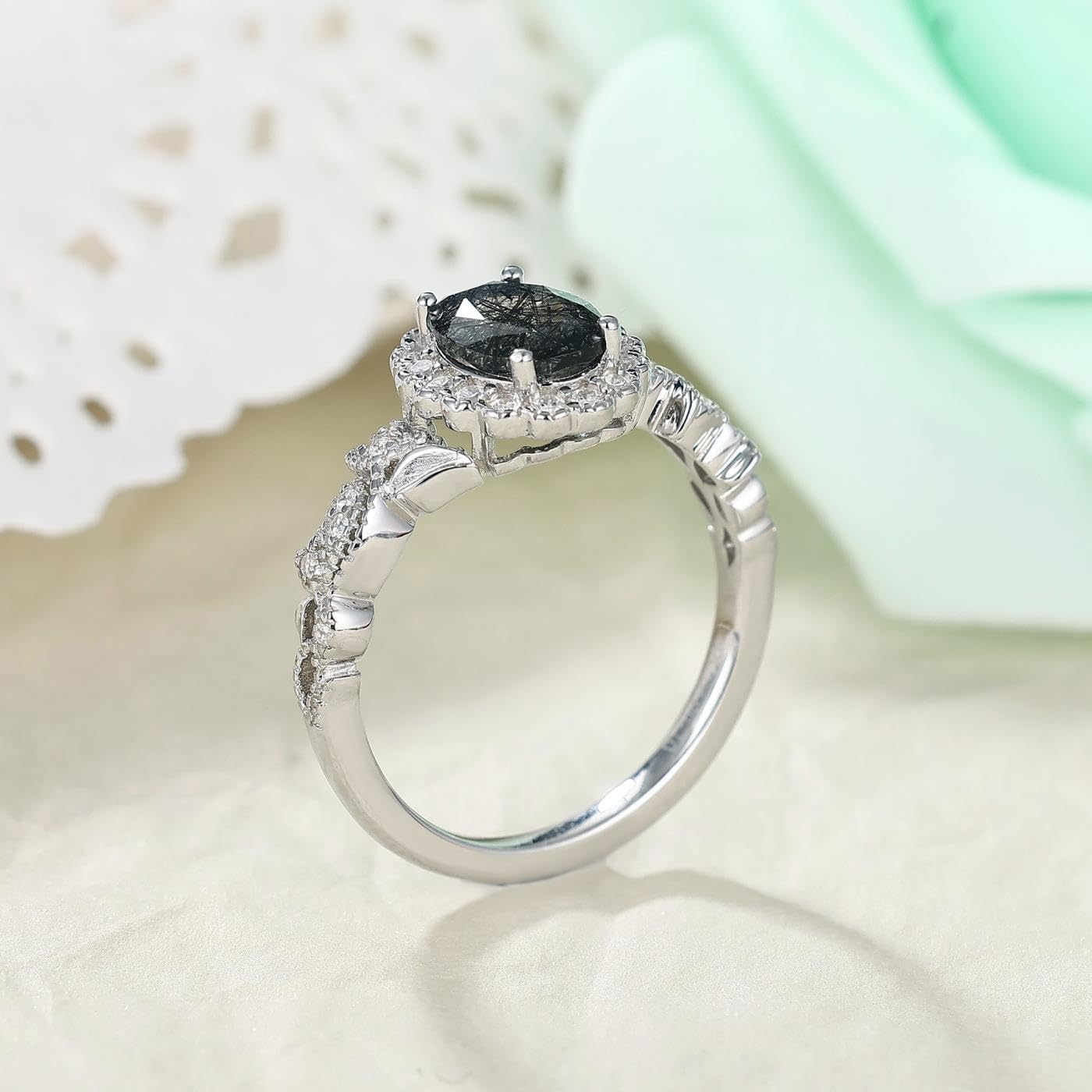 Natural Gemstone Engagement Ring for Women 925 Sterling Silver Platinum Plated Moss Agate/Black Rutilated Quartz Vintage Promise Wedding Ring for Her Size 4-9