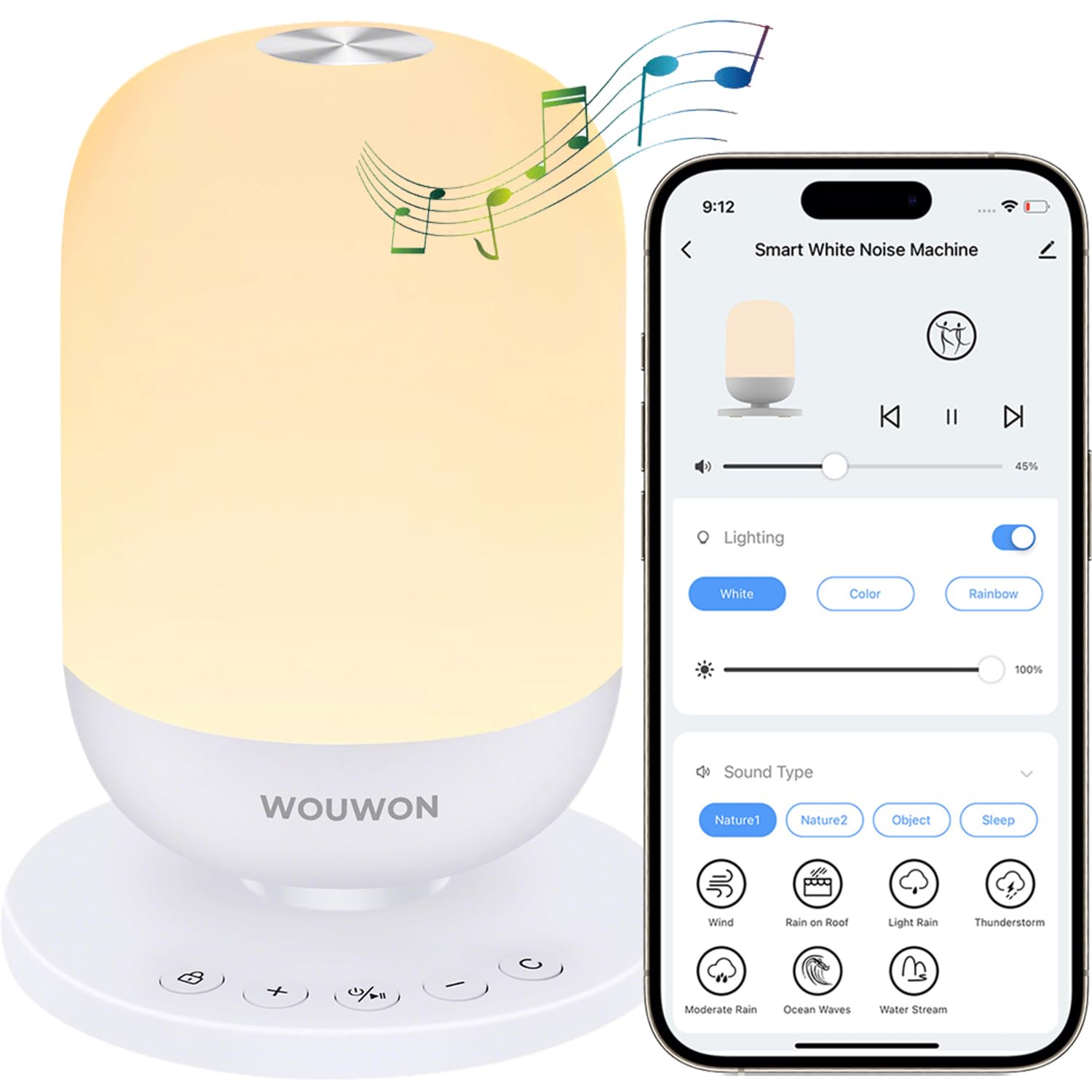Intelligent Machine à bruit blanc pour sommeil de bébé et adulte avec 34 sons apaisants, Veilleuse douce pour l'alimentation, Réveil programmes et minuterie, Contrôle Tuya Smart APP