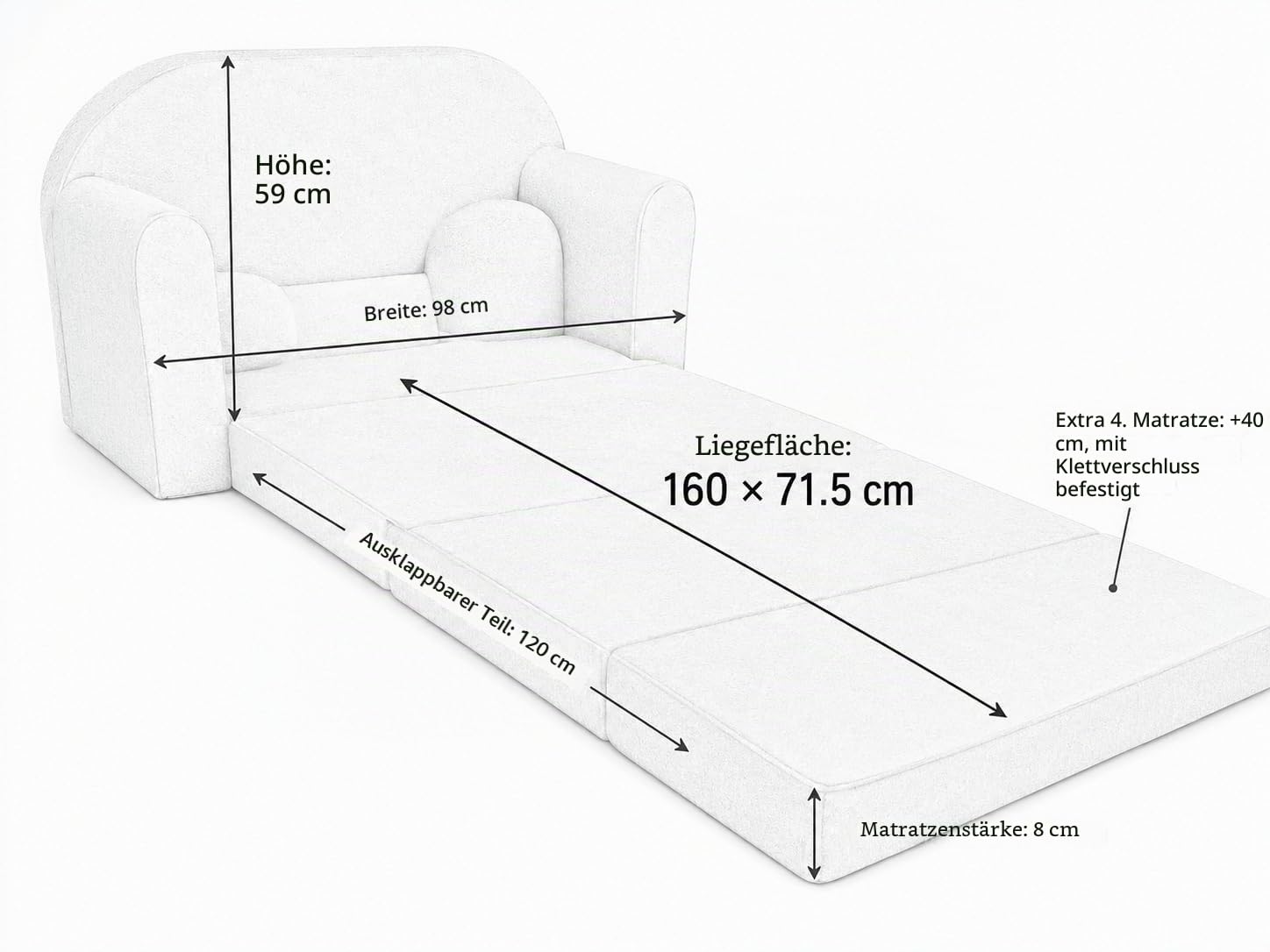 Kindersofa Schlafsofa 160 cm AX1 Grau Igel mit Hocker Oeko-TEX
