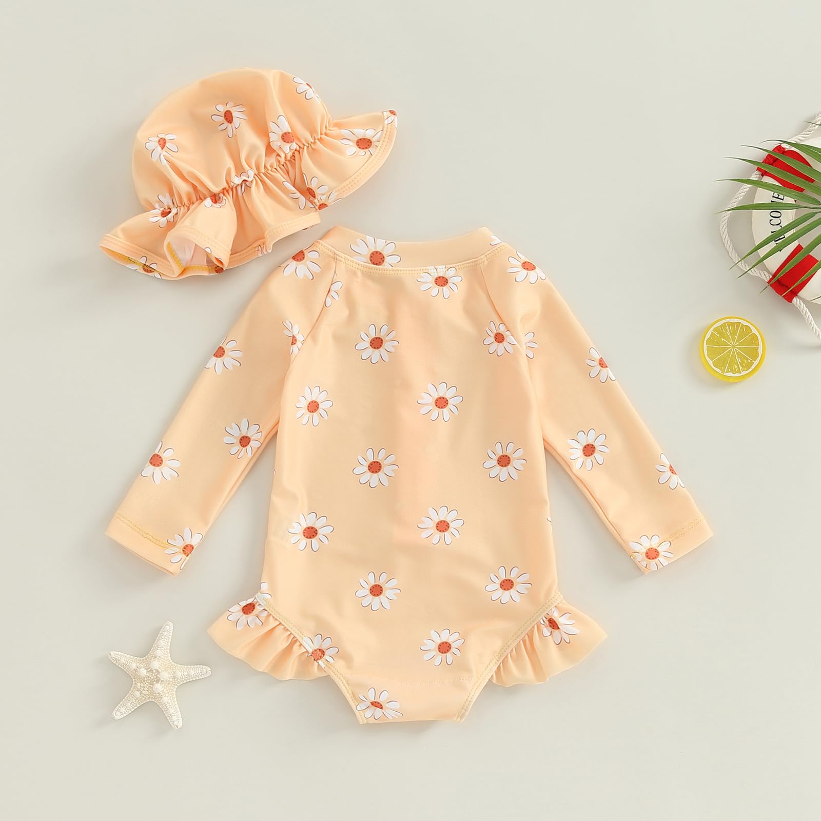 Carolilly - Traje de baño de una pieza para bebé y niña, estampado floral, con sombrero de manga larga antirrayos UV (6 meses a 3 años)