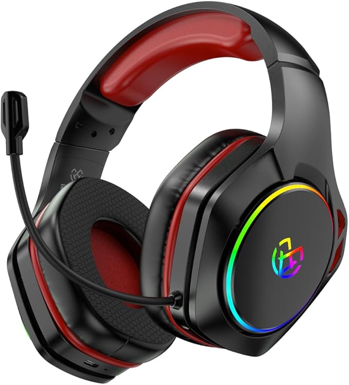 Tatybo Casque Gaming sans Fil, Casque avec Micro Bruit Environnemental, 7.1 Son Surround, Batterie de 35H, Transducteurs 50mm, Oreillettes Respirantes, Casque Gamer pour Ps5 PC Ps4 Switch, Noir-Rouge