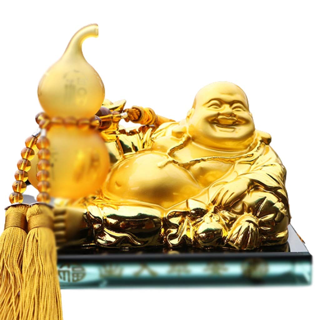 Buda Estatua Resina Escultura Zen Buddha Golden Maitreya Buddha con Calabaza Perfume Sentado Buda Exquisito decoración artesanía (Color : A)