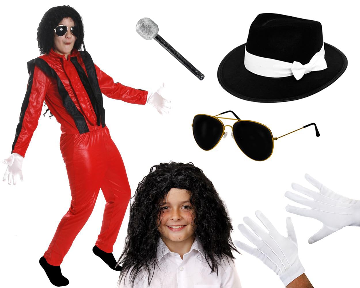 Kids King of Pop Costume - Medium - Red & Black Jacket & Trousers, Relaxed Afro Wig, Black Fedora Hat, Sunglasses, Gloves, Microphone - Boys Girls 80s Music Icon Halloween Fancy Dress Costume