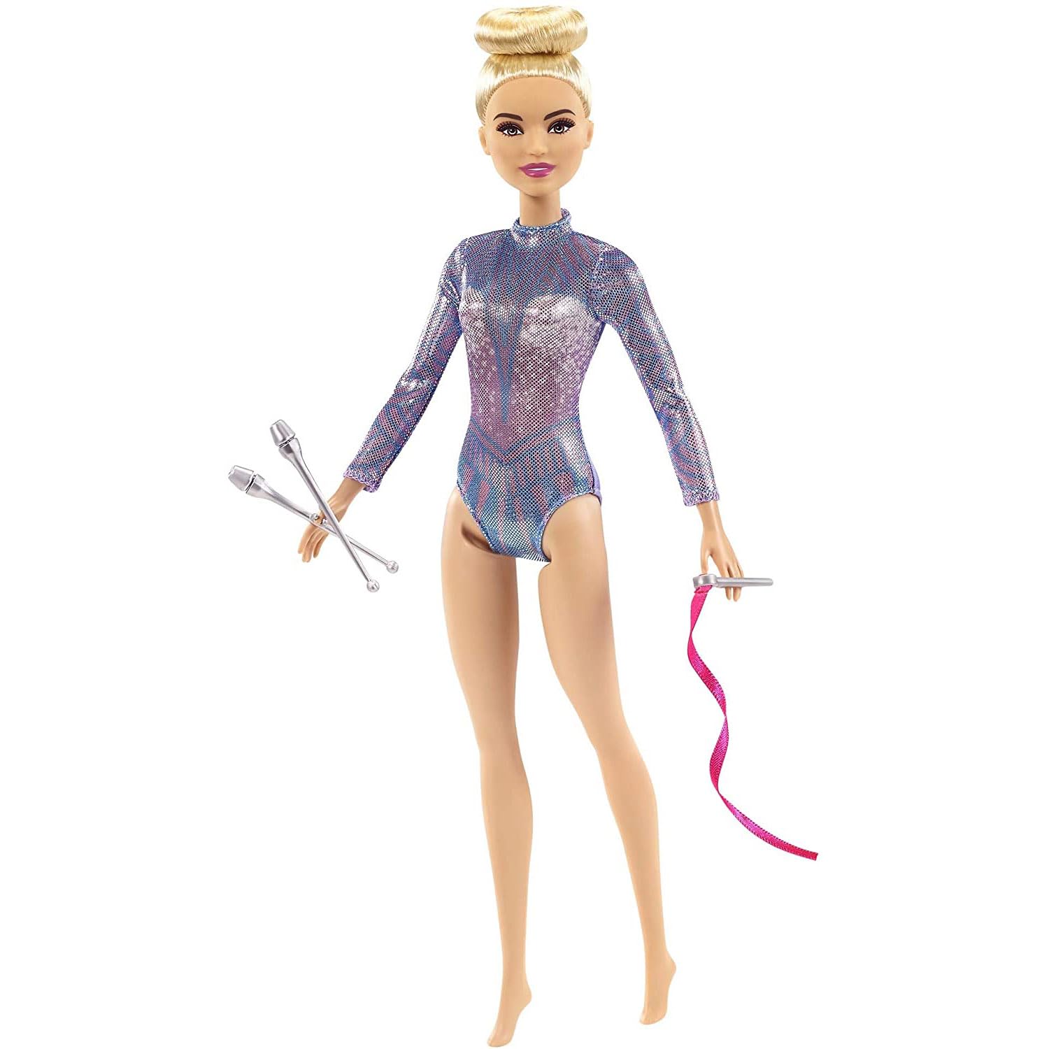 Barbie Rhythmic Gymnast Blonde Doll (12-in/30.40-cm) with Colorful Metallic Leotard, 2 Clubs & Ribbon Accessory, Great Gift for Ages 3 Years Old & Up