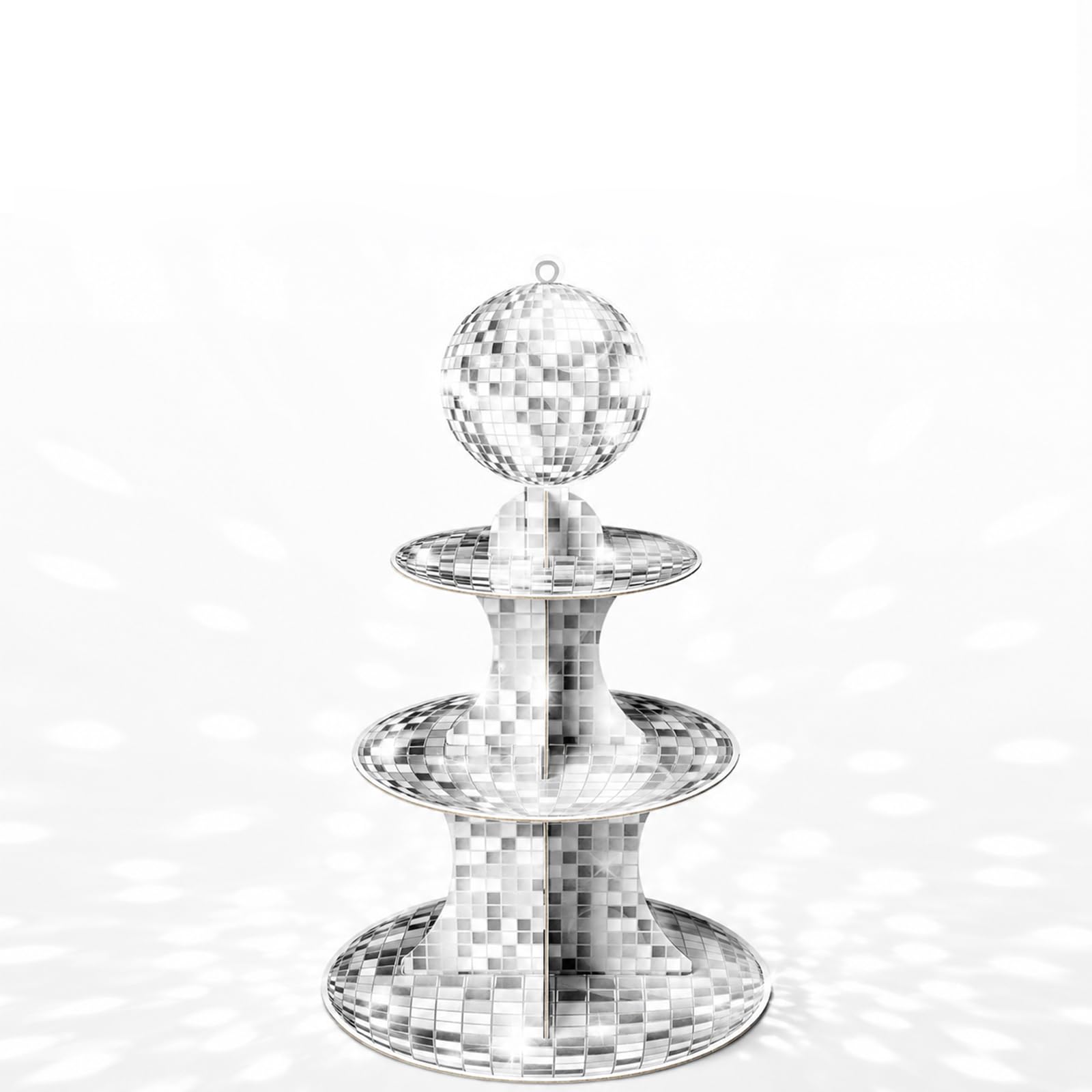 Tapufitil Disco Cupcake Stand Decoration 3 Tiers Silver Glitter Disco Ball Cardboard Dessert Holder For Dance Theme Birthday Celebration Decor Baby Shower
