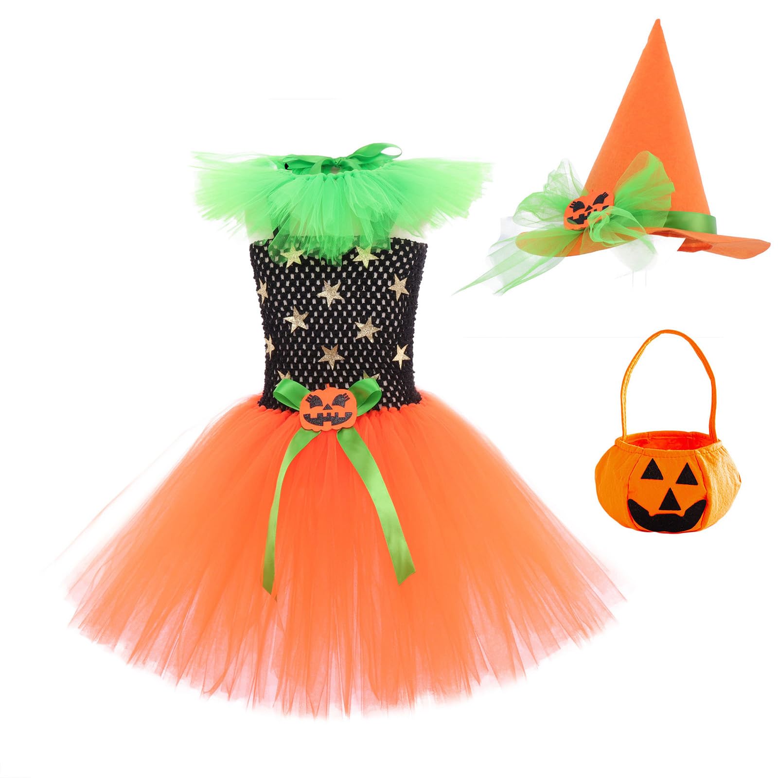 Witch Costume Kids Girls Witch Halloween Costumes with Hat 4 PCS Set — image 1