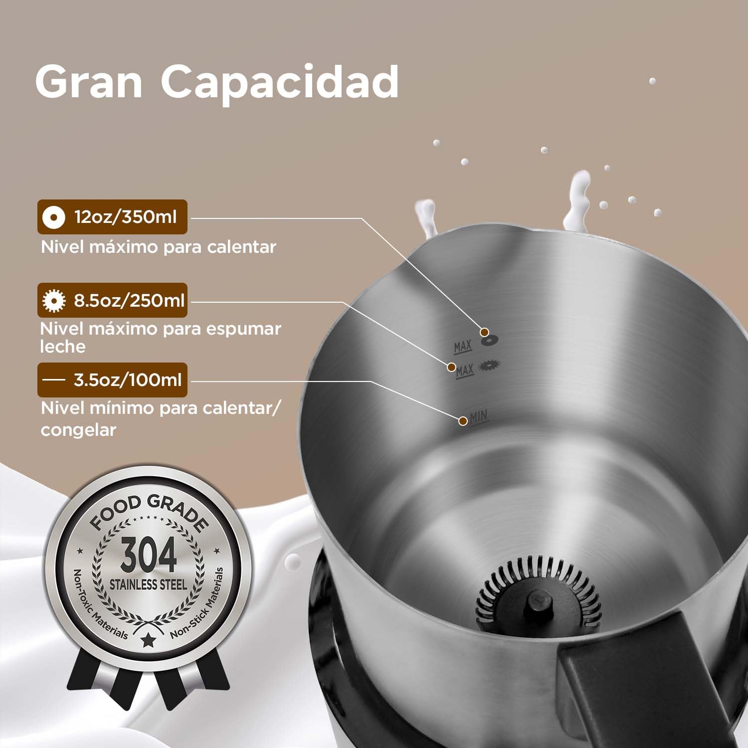 Espumador de Leche 500ml Eléctrico, Hacedor Automático de Espuma Caliente y Fría, Calentador de Leche, Máquina de Chocolate Caliente, Acero Inoxidable de Grado Alimentario,Acero inoxidable