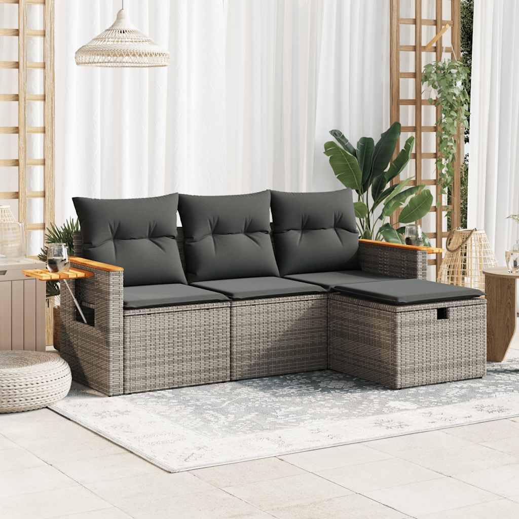 4-TLG. Garten-Sofagarnitur mit Kissen mit Stauraum Grau Poly Rattan