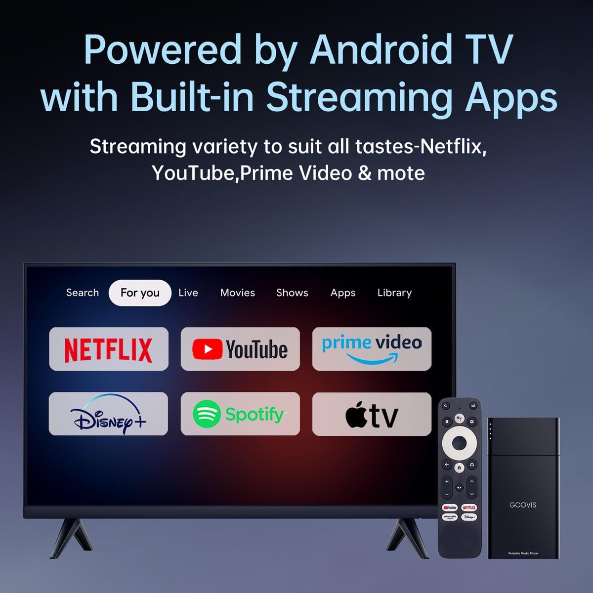Television screen displaying various streaming app logos like Netflix, YouTube, Prime Video, Disney+, Spotify, and Apple TV, with the GOOVIS D4H1 media player and remote control nearby.
