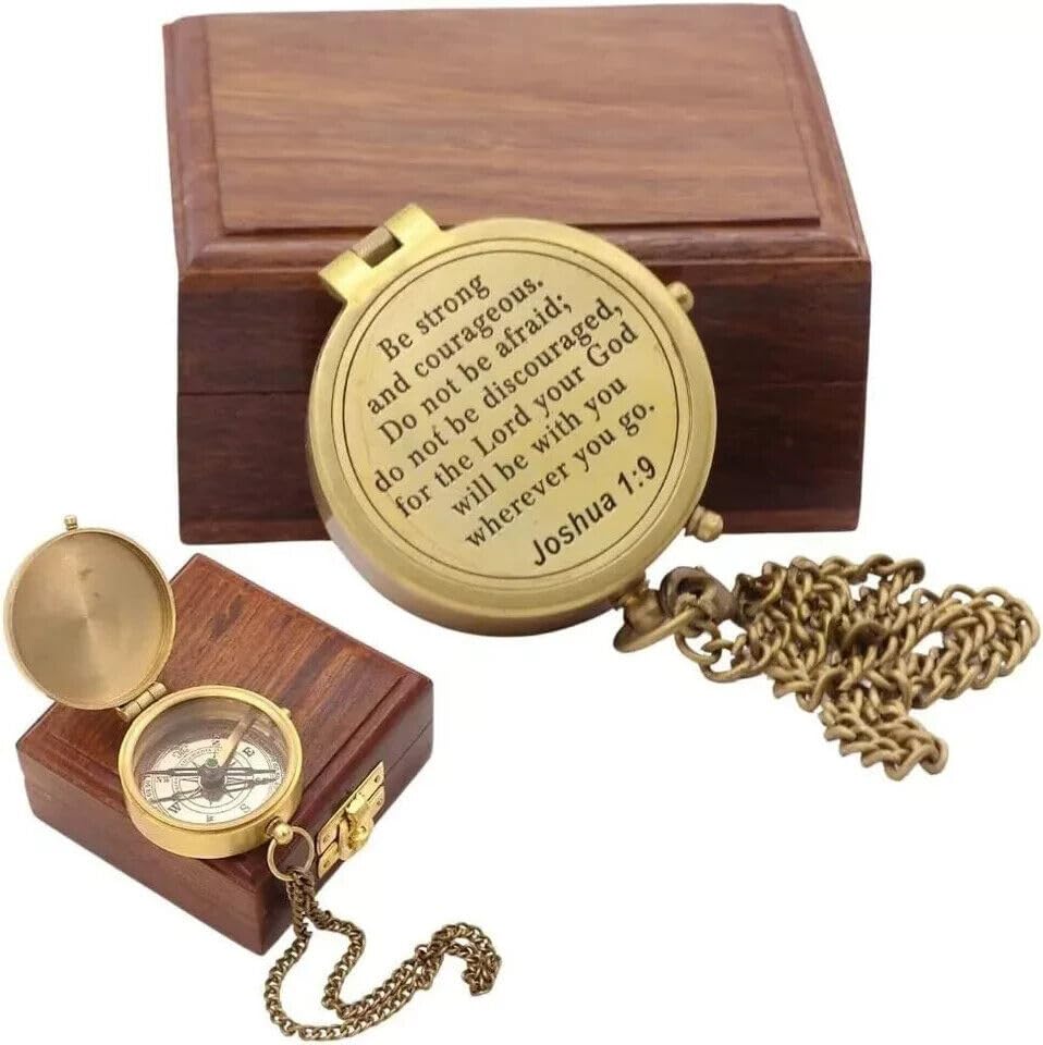 Brújula vintage de latón con caja de madera y cadena, brújula de navegación antigua para viaje, camping, senderismo, coleccionistas y regalo miniatura 4