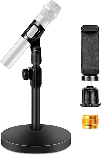 BILIONE Escritorio con soporte de micrófono y clip para teléfono celular, base pesada mejorada, altura ajustable, condensador, podcast, accesorios