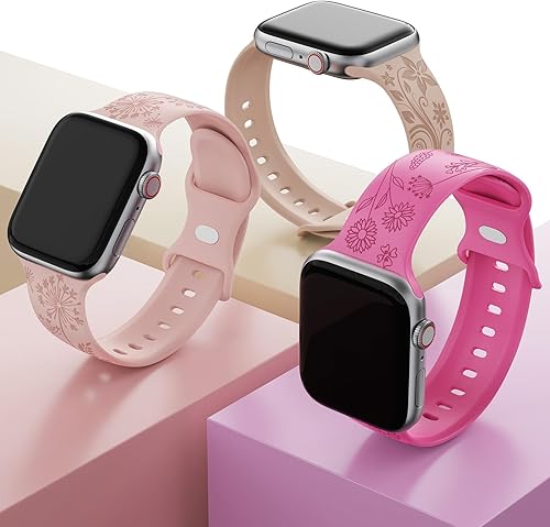 Miniatura 2 de Paquete de 3 bandas grabadas florales compatibles con Apple Watch Band para mujeres de 1.496 pulgadas, 1.575 pulgadas, 1.614 pulgadas, 1.654