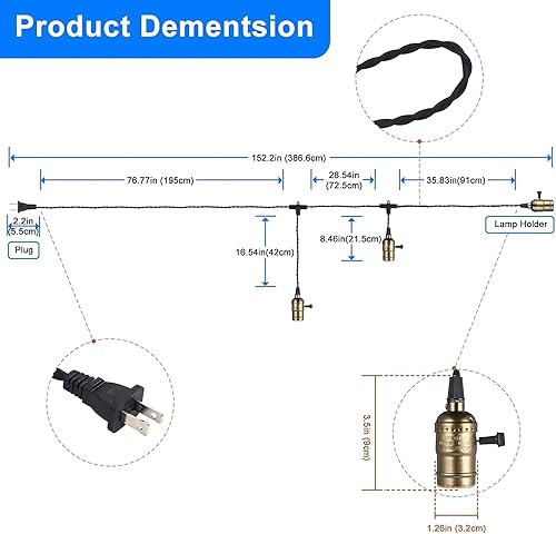 Miniatura 3 de Simple Deluxe Cable de luz colgante de 15 pies, enchufe E26 adecuado con interruptor, kit de luz colgante de tela negra trenzada, para decoración