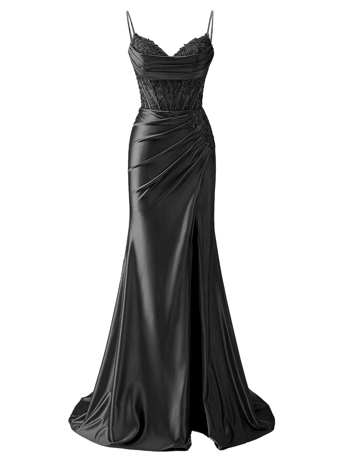 Women's Satin Prom Dresses with Slit Lace Applique V Neck Spaghetti Strap Formal Evening Gown