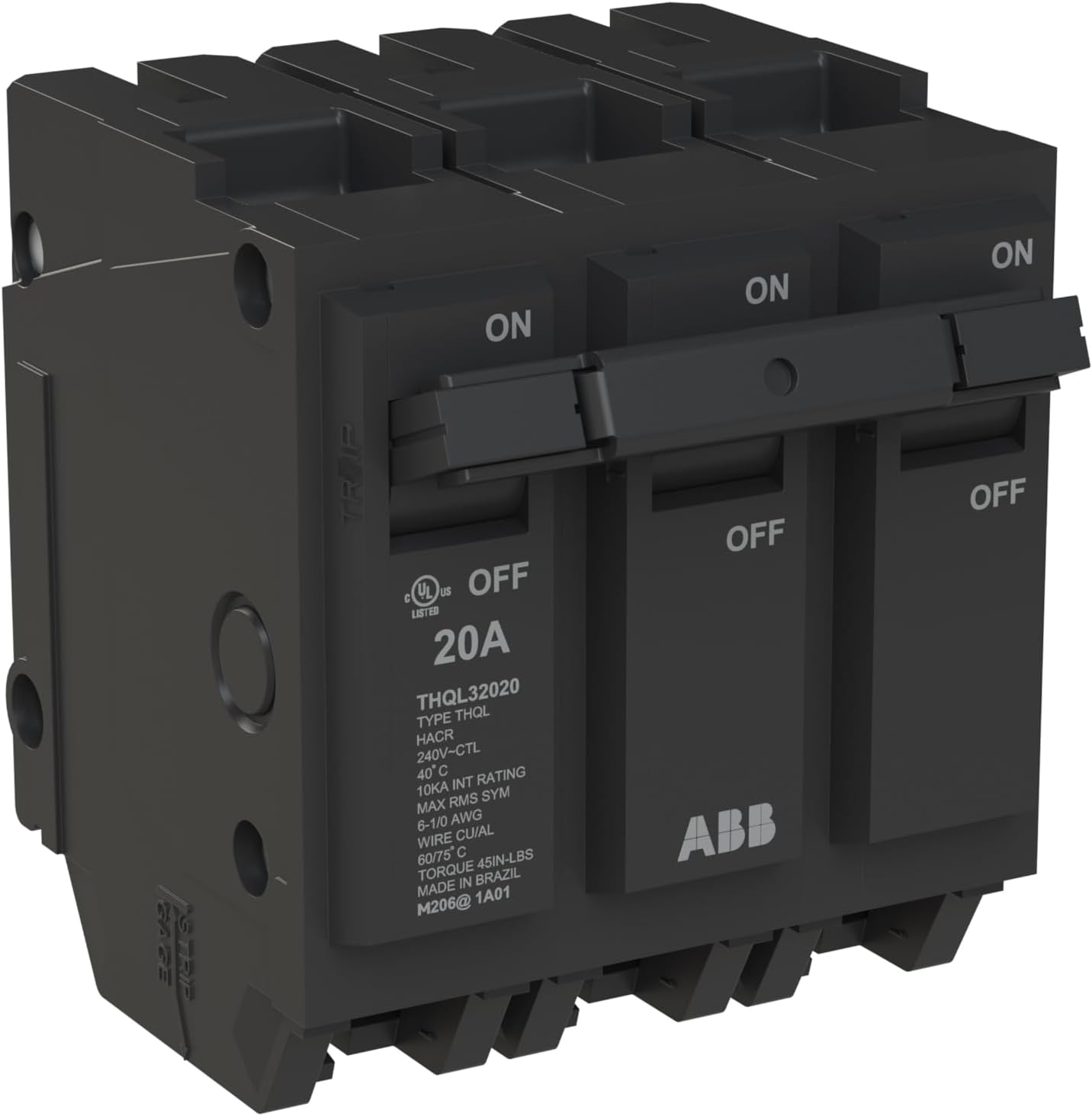 ABB Q-Line® THQL32020 Circuit Breaker • 20 Amp 3-Pole Breaker • 120/240 VAC • 10 kAIC Interrupt Rating • Thermal Magnetic Plug-On Breaker for Load Centers