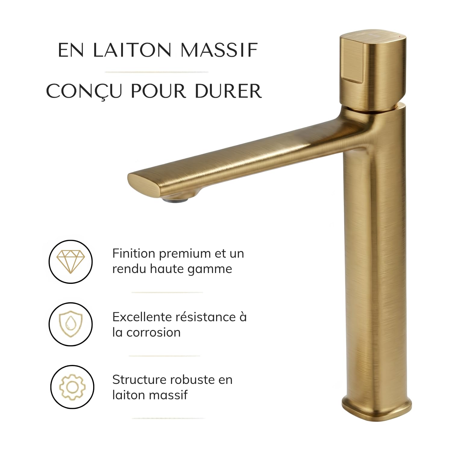 FARON Mitigeur Vasque Haut pour Vasque à Poser, Robinet Lavabo Salle de Bain en Laiton Massif, Cartouche Céramique, Finition PVD Doré Brossé, Monocommande, Flexibles 60 cm Inclus