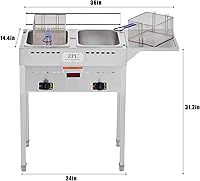 Vista 5 de Freidora de propano para exteriores, freidora doble de acero inoxidable de 18 cuartos de galón de calidad comercial con canastas, tapas y manguera