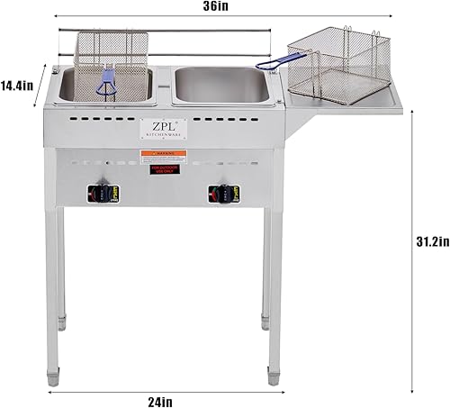 Miniatura 5 de Freidora de propano para exteriores, freidora doble de acero inoxidable de 18 cuartos de galón de calidad comercial con canastas, tapas y manguera,