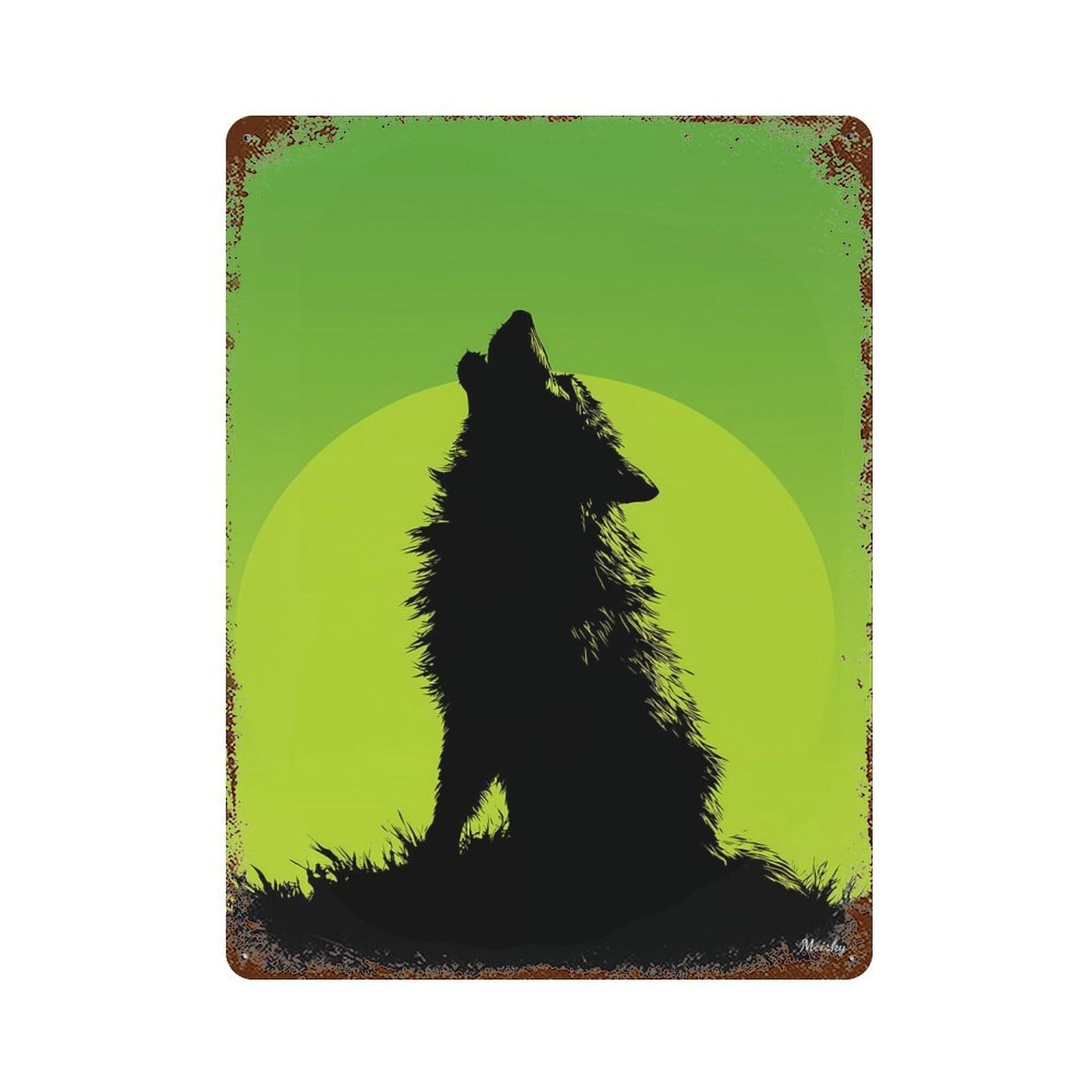 Howling Wolf Silhouette – Wild Nature on Green Rust Effect Tin Sign 15.7"x11.8", Farmhouse Wall Decor for Living Room, Hallway And Home Decor