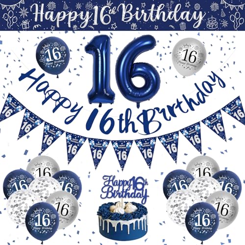 Décoration Joyeux Anniversaire 16 Ans Garçon, Ballon Bannière et Confettis Bleu Argenté