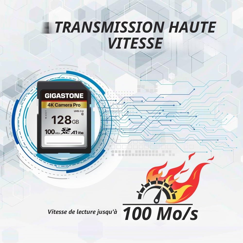 Gigastone Carte Mémoire SDXC 128 Go, 4K Caméra Pro Série, Vitesse de Transfert allant jusqu'à 100 Mo/s. Compatible avec Canon Nikon Sony Caméscope, A1 V30 UHS-I Classe 10 pour 4K UHD Vidéo