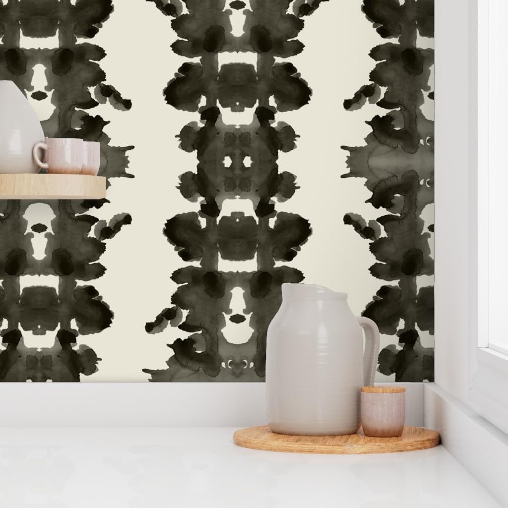 Peel & Stick Wallpaper 6ft x 2ft - Charcoal Inkblot Soot Cream Paint Ink Abstract Artistic Custom Removable Wallpaper by Spoonflower