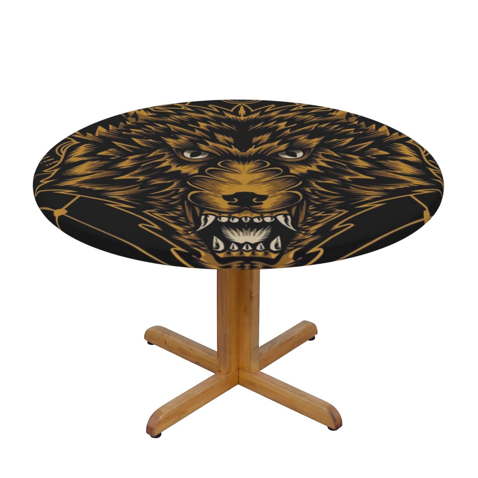 Lsjuee Round Fitted Tablecloth 45-50in Elastic Edged Table Cloth for Kitchen Dining Party Home Decor - Golden Wolf Head Tribe Geometric