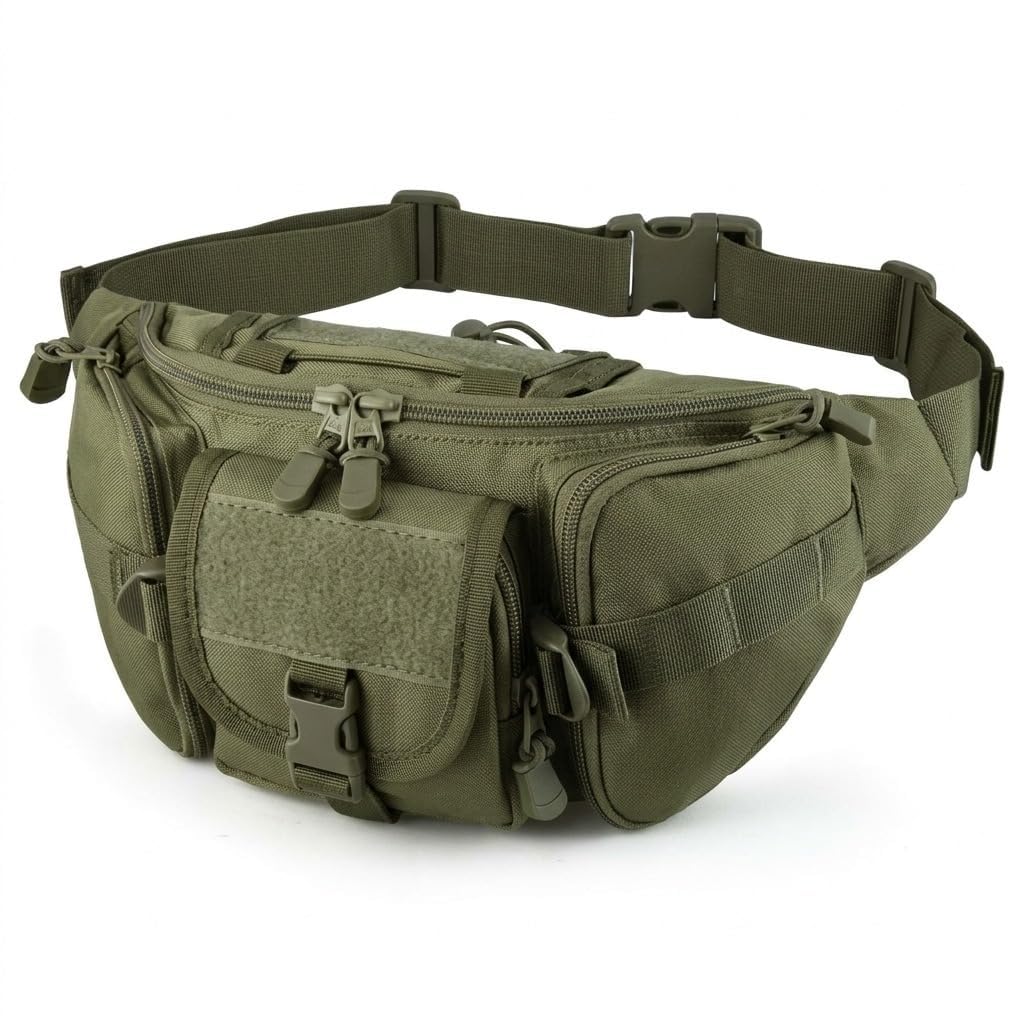 Tactical Waist Bag for Men Water Resistant Utility Fanny Pack with Multiple Zip Pockets Adjustable Belt Outdoor Travel Hiking Running Cycling Fishing Waist Pouch 32x15x13 cm, Black (Olive,Green)-image-43