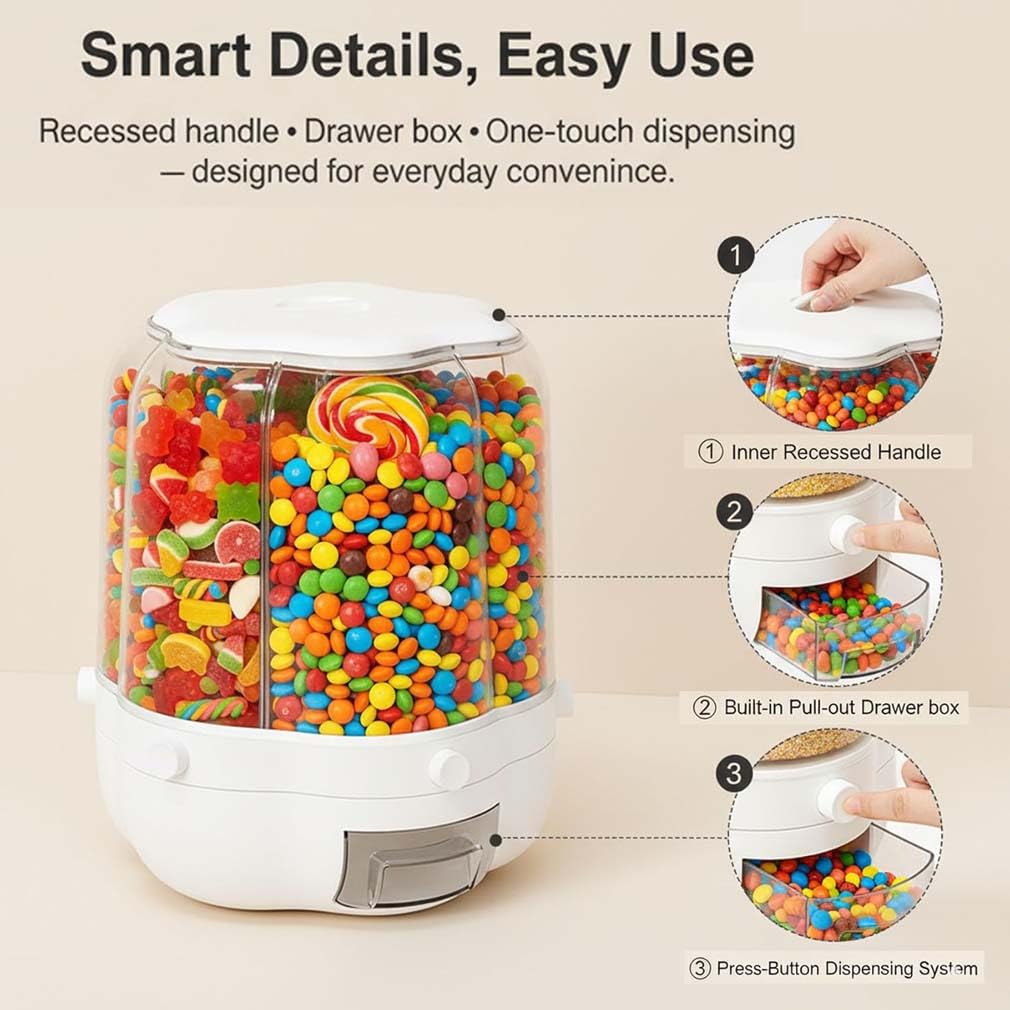 Candy Dispenser 360° Rotating with 6 Compartments, 6 Fach Drehbarer Getreidespender, 360° Drehbar Müslispender, Müslibehälter Vorratsbehälter Reisspender für Reis Trockenfutter Getreide Nüsse (M)