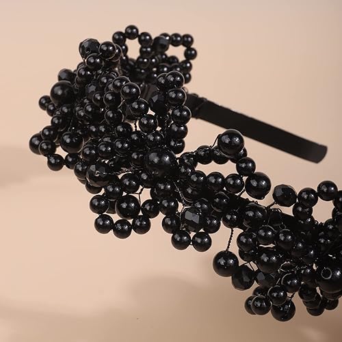 Miniatura 5 de Xerling Diadema de perlas florales para niñas, accesorio para el cabello de novia, corona de cristal negro para fiesta, tocado, joyería (negro)