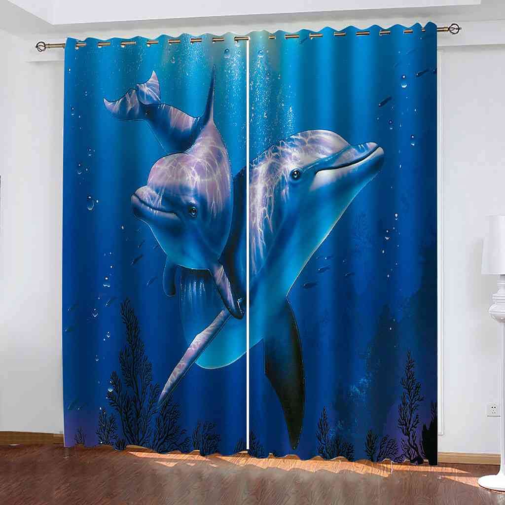 Rideau occultant baleine bleue 3D thermique et phonique 264x242cm pour salon moderne
