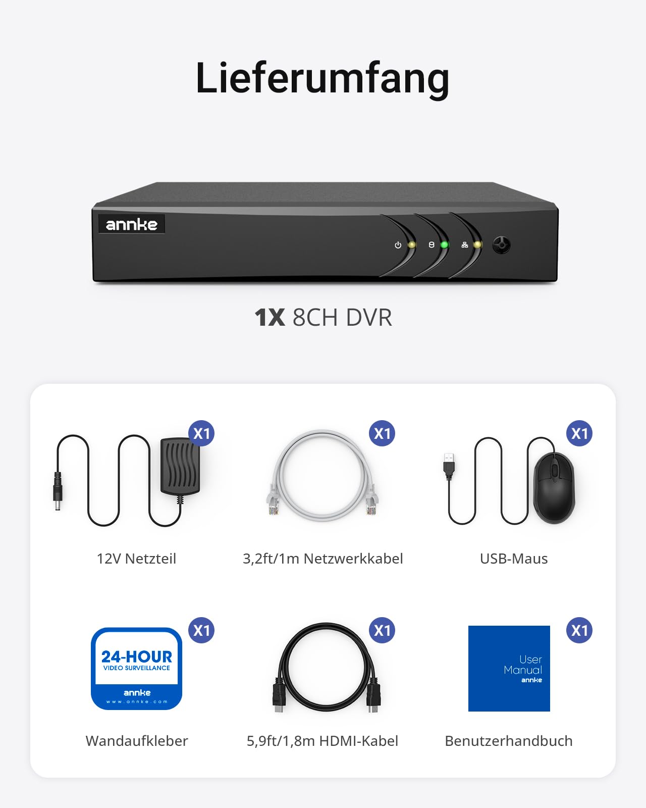 ANNKE 3K/5MP Lite 5 in 1 DVR Recorder 8 Kanal mit Personen- und Fahrzeugerkennung fü Kabelgebundenes Überwachungskamera Set Aussen, Unterstützt 8 Analoge und 2 IP Kameras, ohne Festplatte