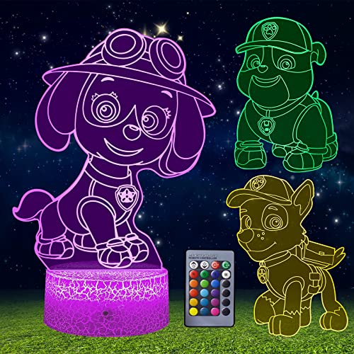Paw Dog Patrol Nachtlicht für Kinder, 3 pcs 3D LED Illusion Lampe 16...