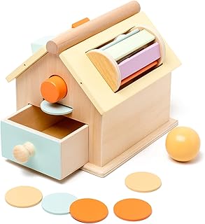 Montessori Toys for Babies 6-12 Months, Wooden Baby Toys, 5 in 1 Wooden Toys for Babies with Object Permanence Box, Ball Coin Drop Toy House, Rainbow Spinning Drum&Shape Sorter for 1 Year Toddlers
