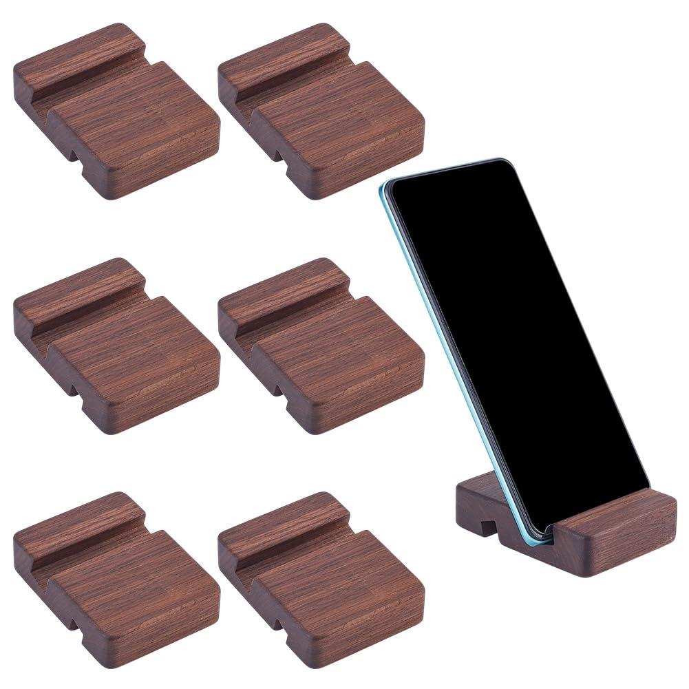 nbeads 6 Stück Holz Handy Halter, 8x6x2cm Holz Handyständer Universal Desktop-Telefonständer Tragbarer Mobiler Tablet-Halter mit Nut für Unterstützung von Telefon im Büro zu Hause, Braune