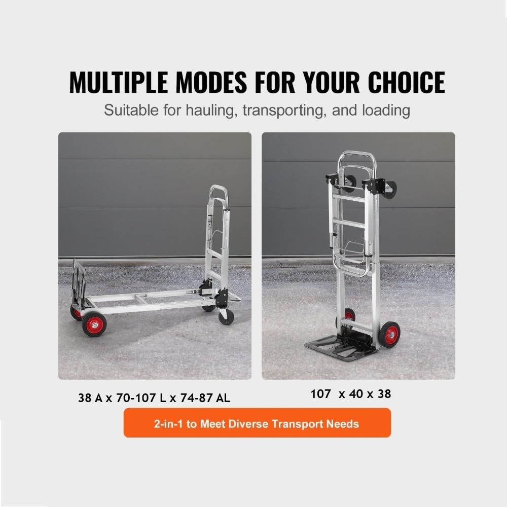 Patuk-Shop Carretilla de Mano Plegable de Aluminio Carro de Mano 2 en 1 Carretilla de Transporte Plegable con Plataforma Carga de 181 kg Ruedas de Goma para Transporte de Mercancías de Almacén