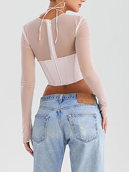 Amazon.com: Women's Halter Mesh Patchwork Long Sleeve Boned