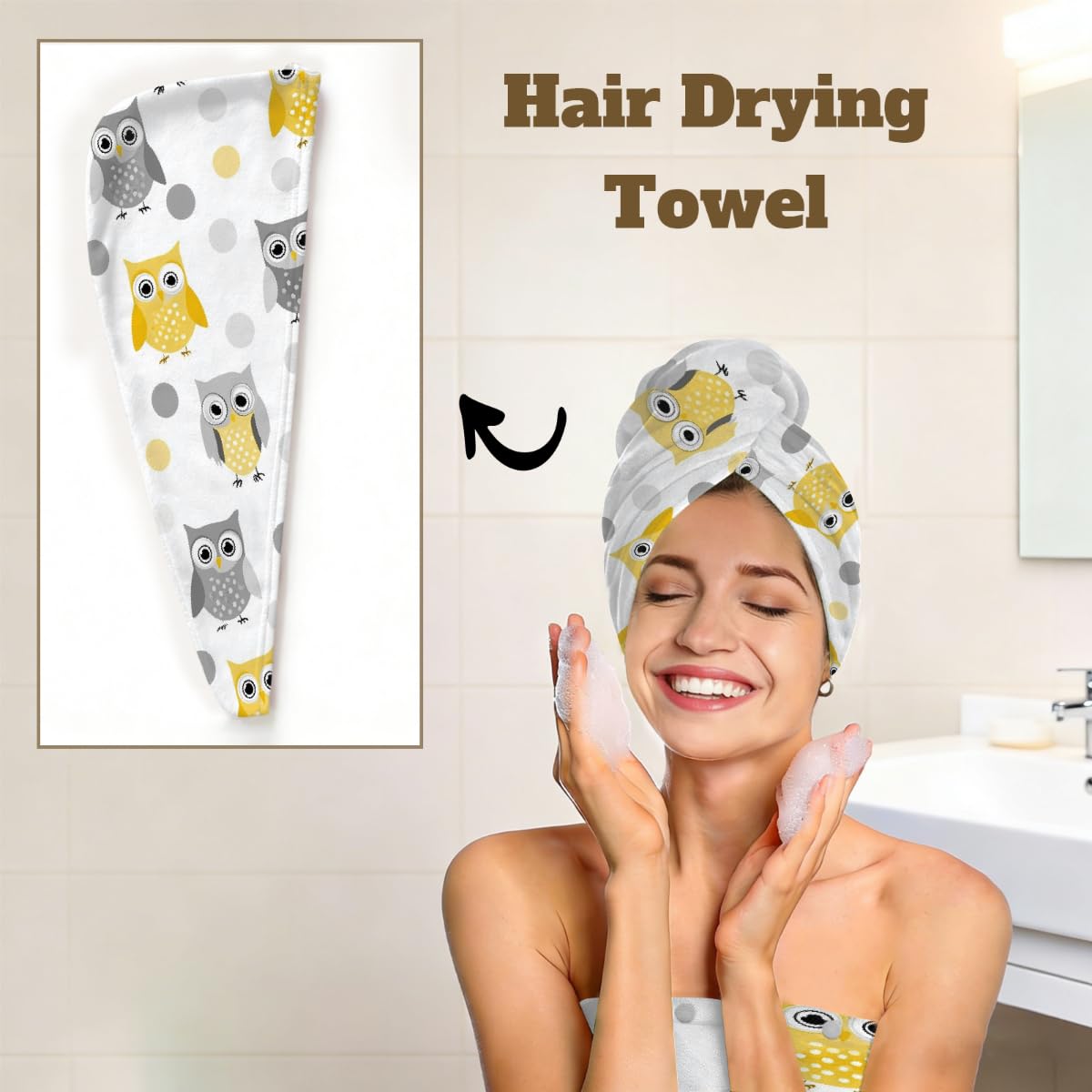Mikrofaser-Duschtuch für Damen, mit Haar-Handtuch, niedliche gelb-graue Eulen, lustige Tiere, weiche Körperwickel, Kleid mit Haartrocknungskappe für Strand, Pool, Spa, 2 Sets