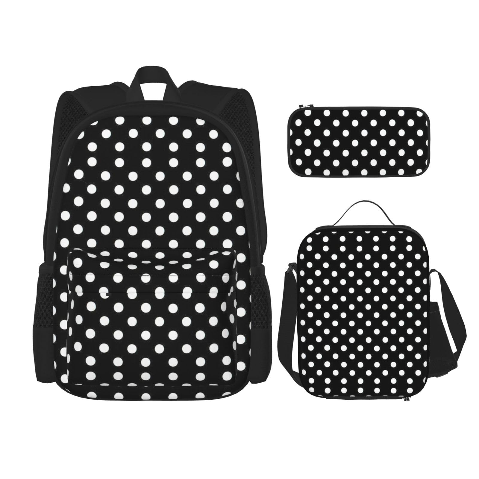 Juego de 3 mochilas escolares con estampado de lunares blancos y negros, mochila de gran capacidad resistente al agua para laptop con bolsa de almuerzo aislada y estuche para lápices para